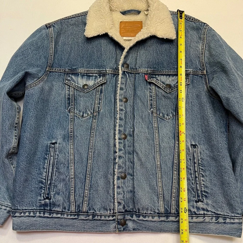 Levis Premium Blue Denim Sherpa Lined‎ Utility Streetwear Trucker Jacket Size L
